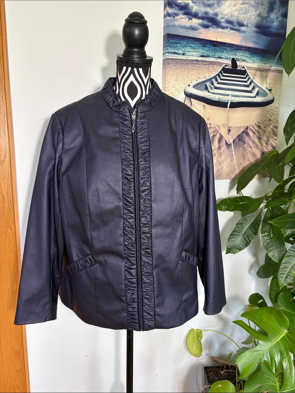 Tan Jay Navy Ruffle-Trim Faux Leather Jacket gorgeous
